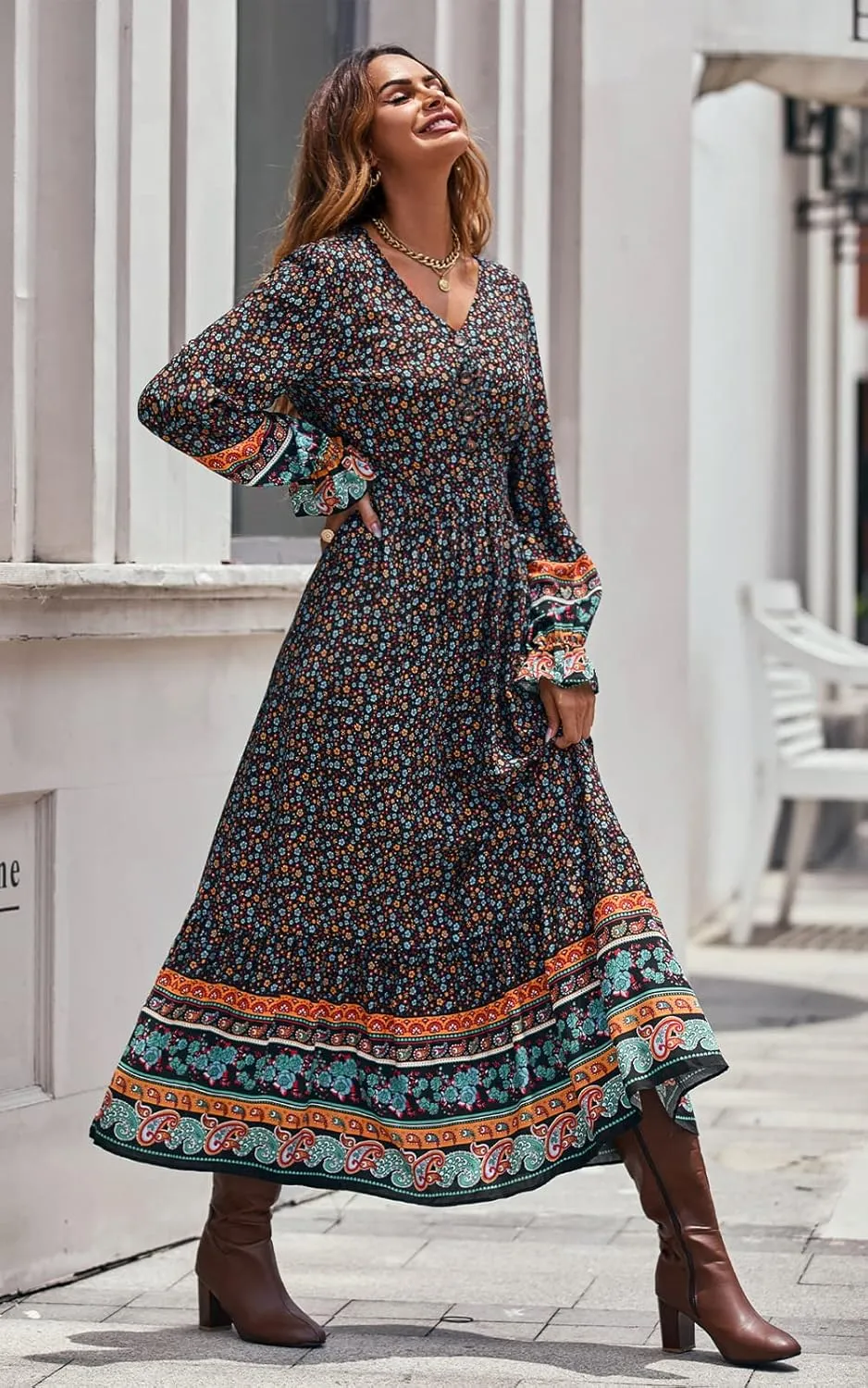 PRETTYGARDEN Long Sleeve Maxi Dress for Women V Neck Casual Button Down Boho Long Floral Dresses