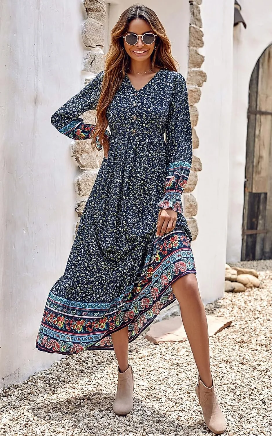PRETTYGARDEN Long Sleeve Maxi Dress for Women V Neck Casual Button Down Boho Long Floral Dresses