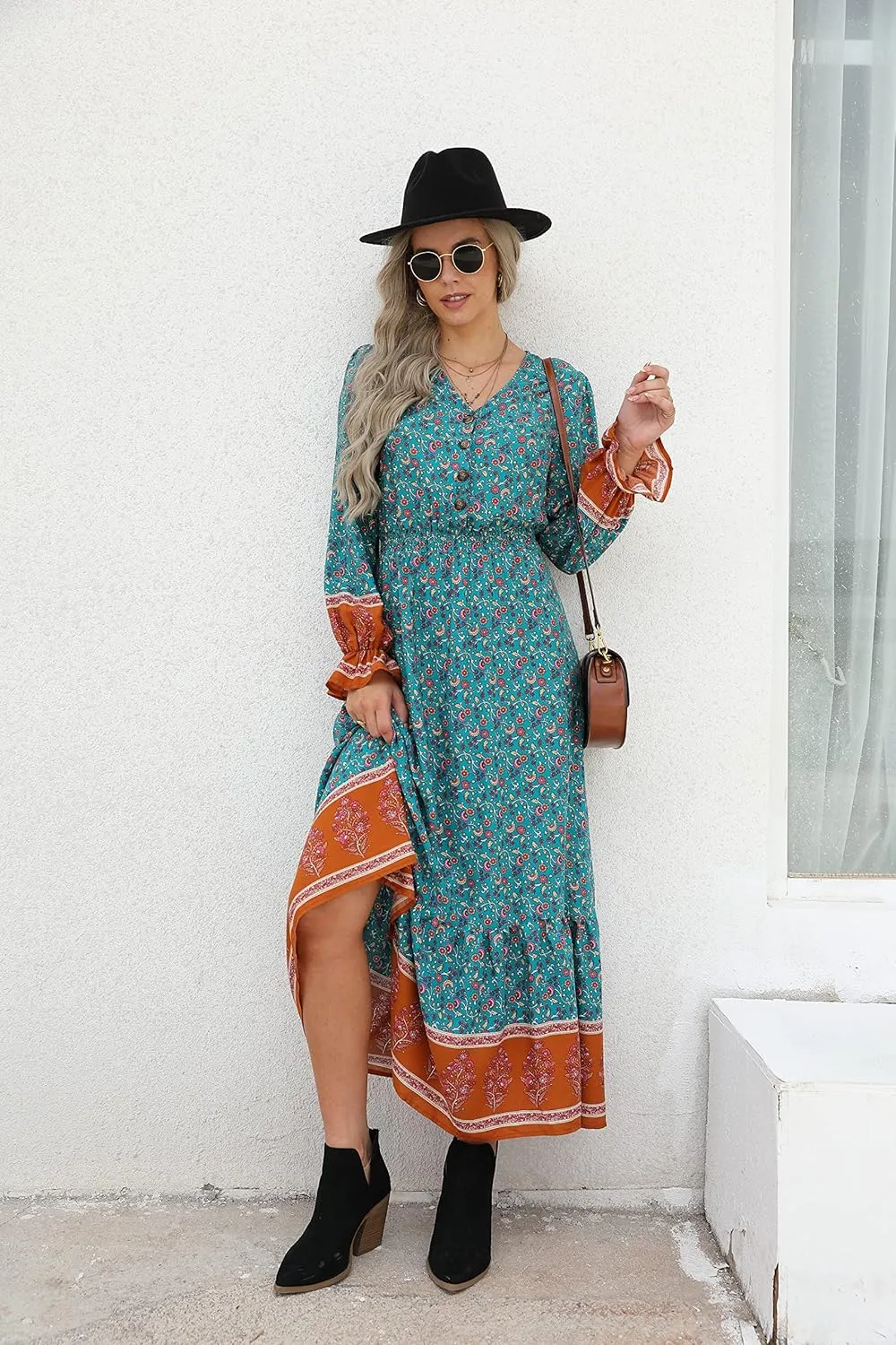 PRETTYGARDEN Long Sleeve Maxi Dress for Women V Neck Casual Button Down Boho Long Floral Dresses