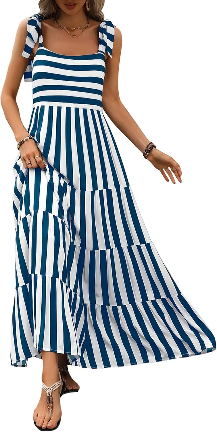 PRETTYGARDEN Womens Dresses 2025 Summer Floral Sleeveless Maxi Dress Casual Spaghetti Strap Tiered Flowy Beach Long Dress