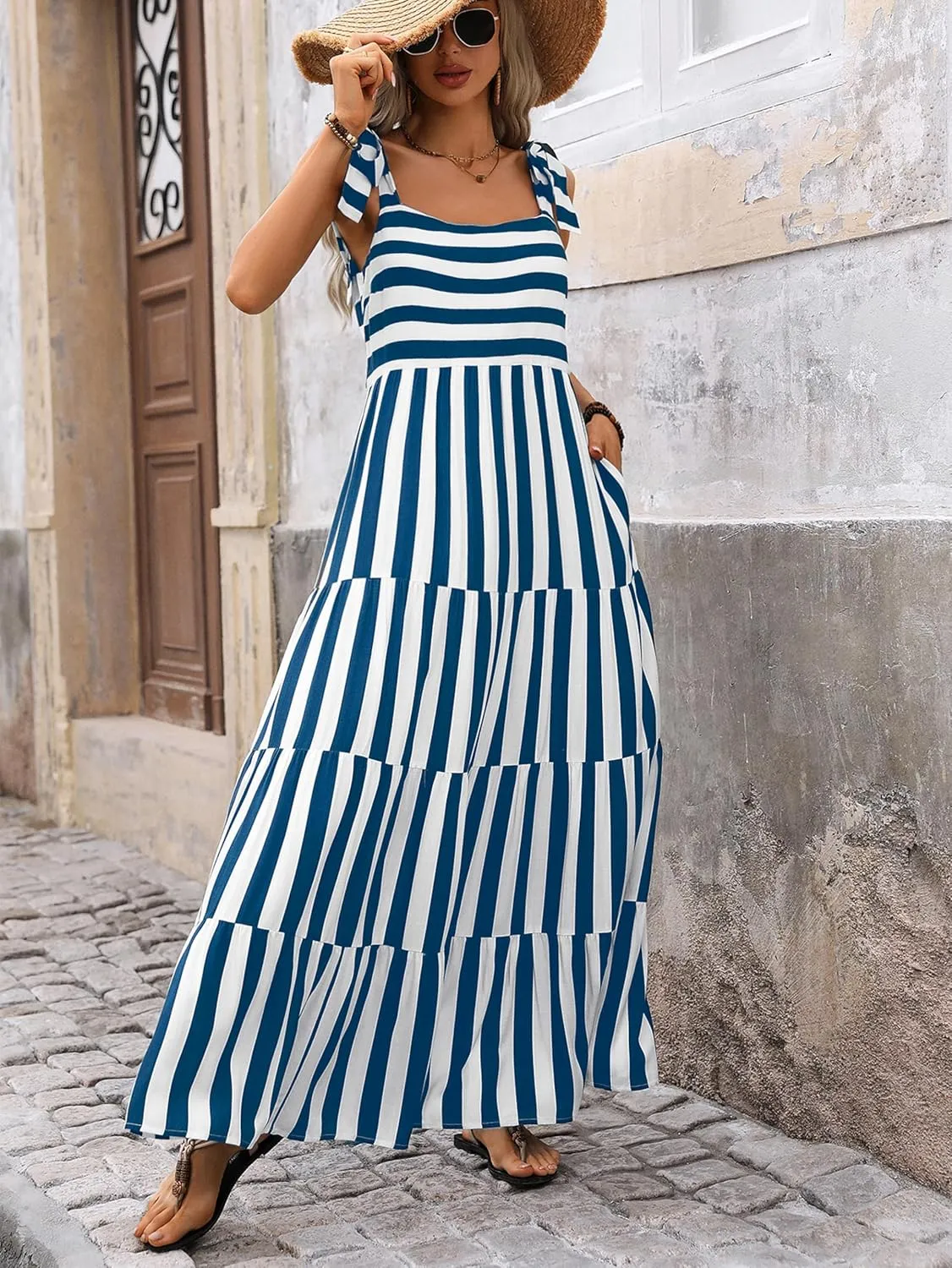 PRETTYGARDEN Womens Dresses 2025 Summer Floral Sleeveless Maxi Dress Casual Spaghetti Strap Tiered Flowy Beach Long Dress