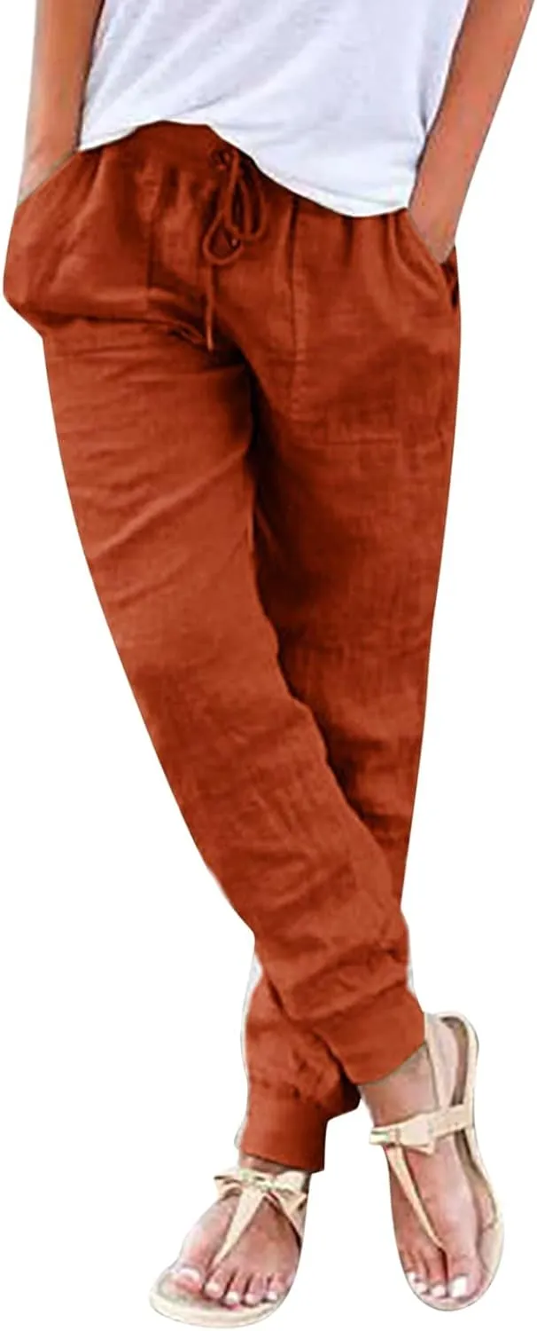 PTOLOCIF Beach Pants for Women,Drawstring Elastic Waist Pants Cotton Linen Tapered Pants Casual Travel Pants Trousers
