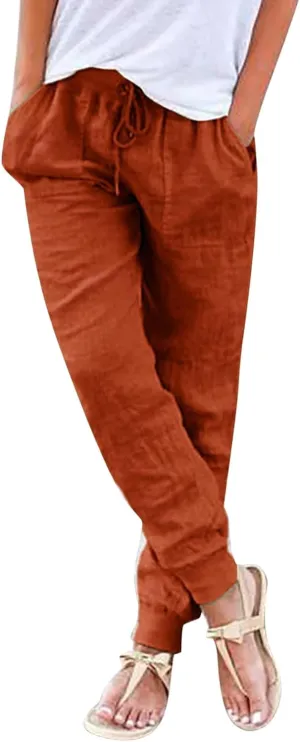 PTOLOCIF Beach Pants for Women,Drawstring Elastic Waist Pants Cotton Linen Tapered Pants Casual Travel Pants Trousers