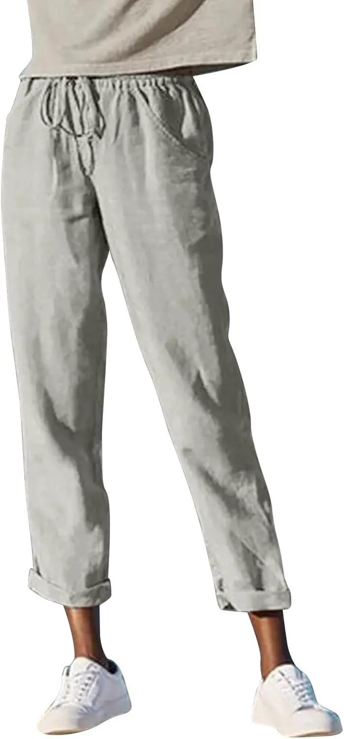 PTOLOCIF Linen Pants for Women,Casual Cotton Linen Pants Lightweight Summer Pants Loose Fit Elastic Waist Lounge Pants