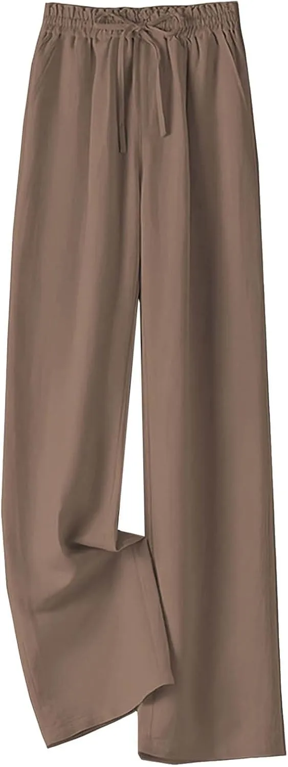 PTOLOCIF Palazzo Pants for Women,Dressy Casual Pants Drawstring Waist Wide Leg Pants Comfy Cotton Linen Palazzo Pants