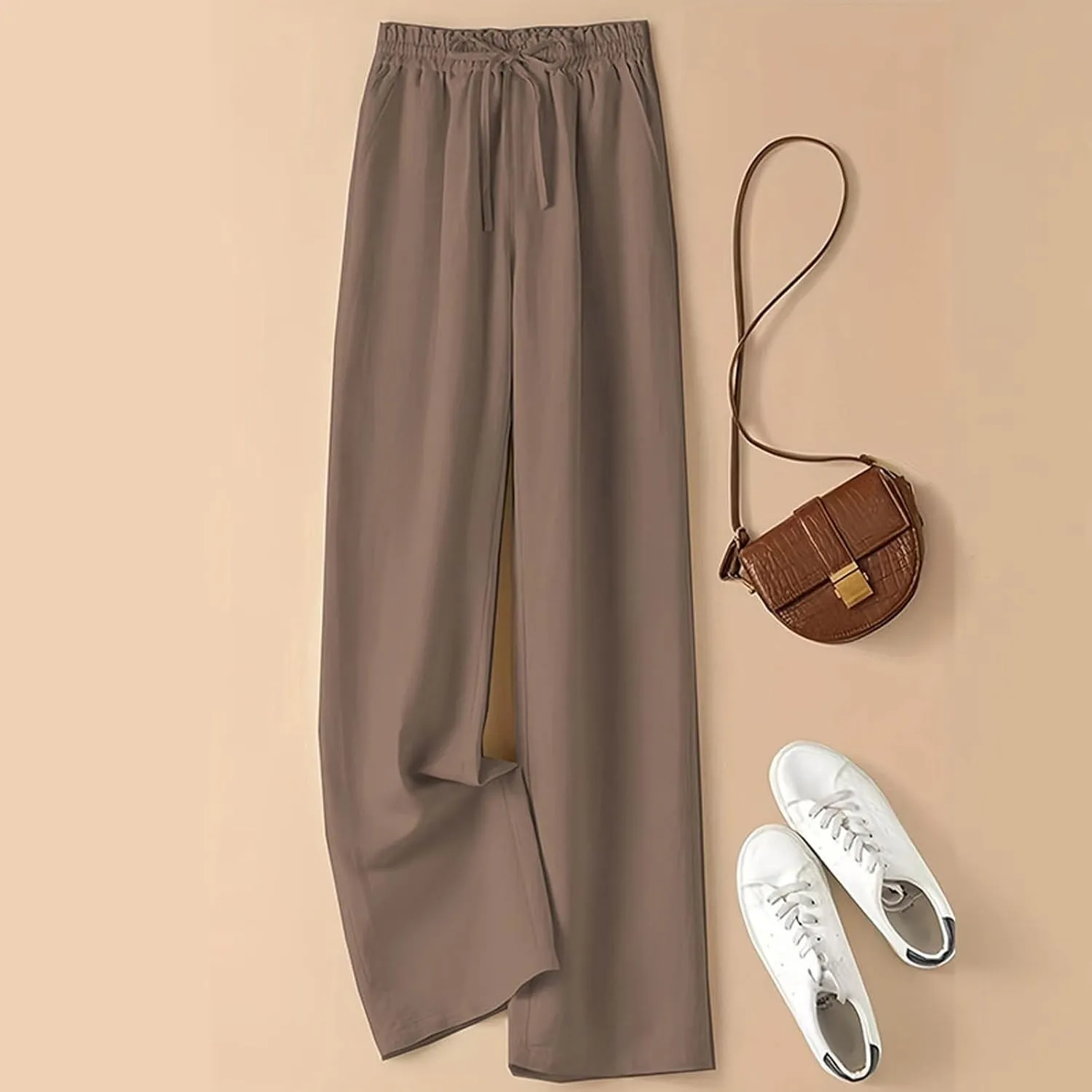 PTOLOCIF Palazzo Pants for Women,Dressy Casual Pants Drawstring Waist Wide Leg Pants Comfy Cotton Linen Palazzo Pants