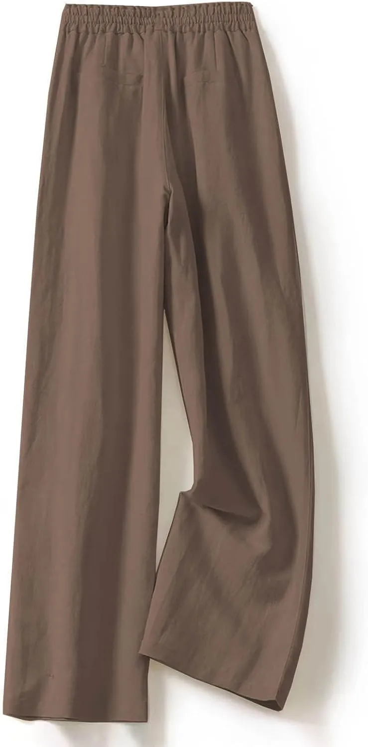 PTOLOCIF Palazzo Pants for Women,Dressy Casual Pants Drawstring Waist Wide Leg Pants Comfy Cotton Linen Palazzo Pants