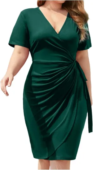 PTOLOCIF Plus Size Dresses for Curvy Women Wrap V Neck Midi Dresses Short Sleeve Ruched Bodycon Cocktail Party Dresses