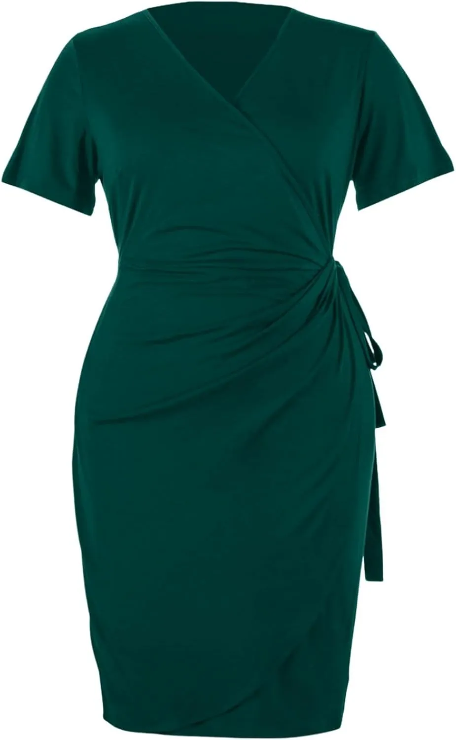 PTOLOCIF Plus Size Dresses for Curvy Women Wrap V Neck Midi Dresses Short Sleeve Ruched Bodycon Cocktail Party Dresses
