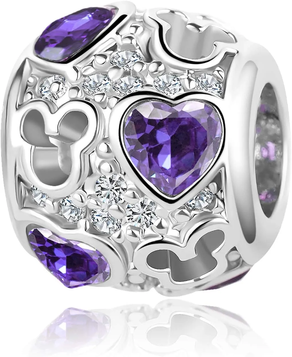 Purple Blue Green CZ Mickey Heart Charm Compatible Pandora Charm Bracelet Women Love Mouse Bead Birthstone Family Friends Birthday Anniversary