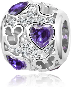 Purple Blue Green CZ Mickey Heart Charm Compatible Pandora Charm Bracelet Women Love Mouse Bead Birthstone Family Friends Birthday Anniversary