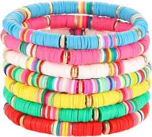 Rainbow Heishi Bracelets Ball Bead Stretch Bracelets for Women Boho Vinyl Disc Beaded Friendship Bracelets Stackable Layered Surfer Bracelets for Summer Beach Parties