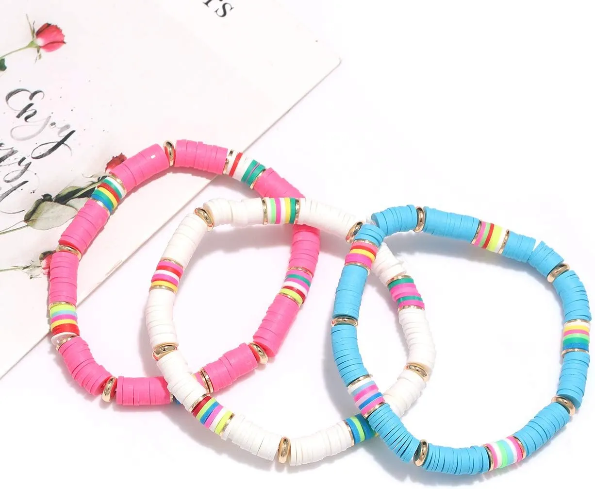 Rainbow Heishi Bracelets Ball Bead Stretch Bracelets for Women Boho Vinyl Disc Beaded Friendship Bracelets Stackable Layered Surfer Bracelets for Summer Beach Parties