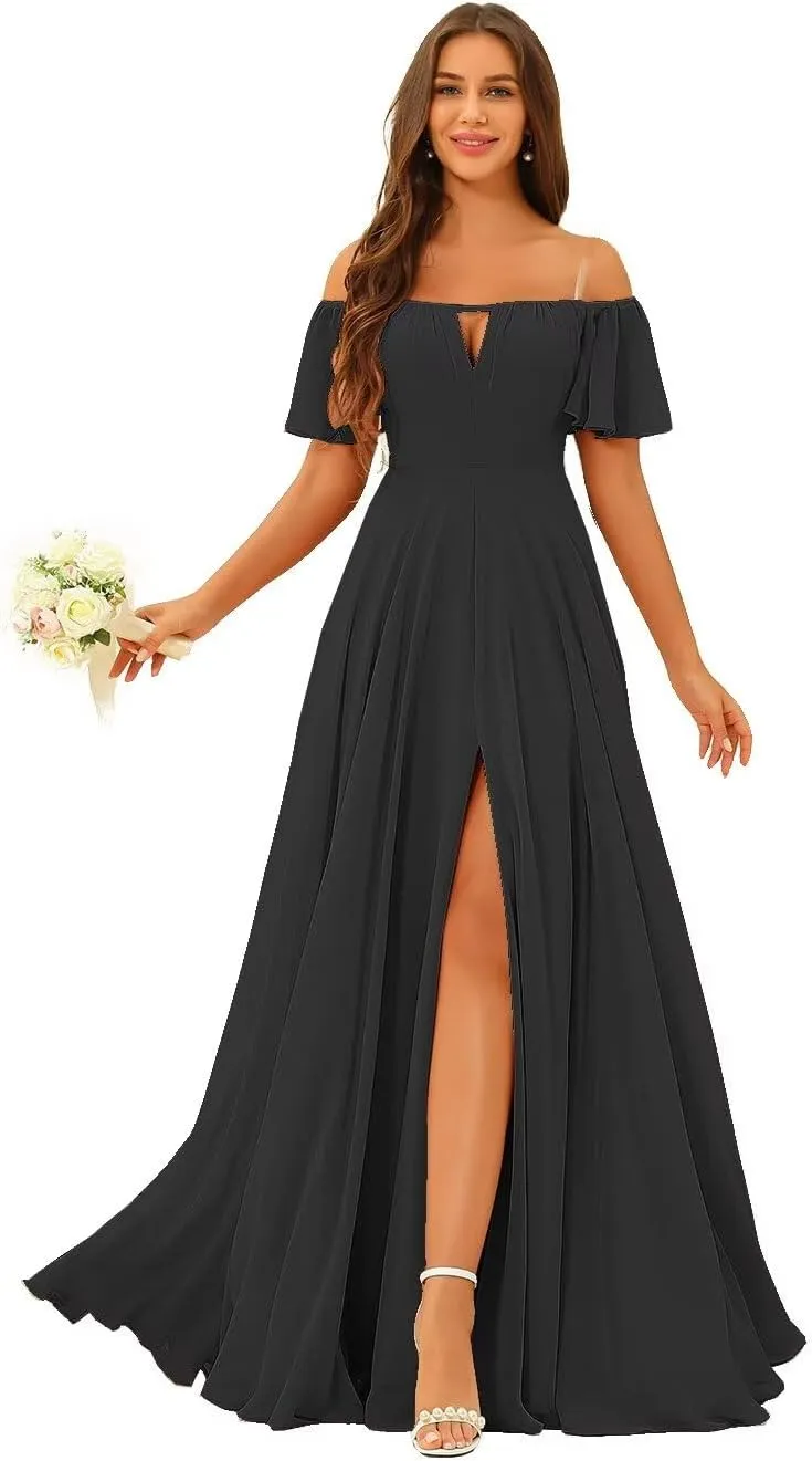 Raseal Off The Shoulder Chiffon Bridesmaid Dress Split A Line Pleats Bridesmaid Dress Long for Women with Pockets RS047