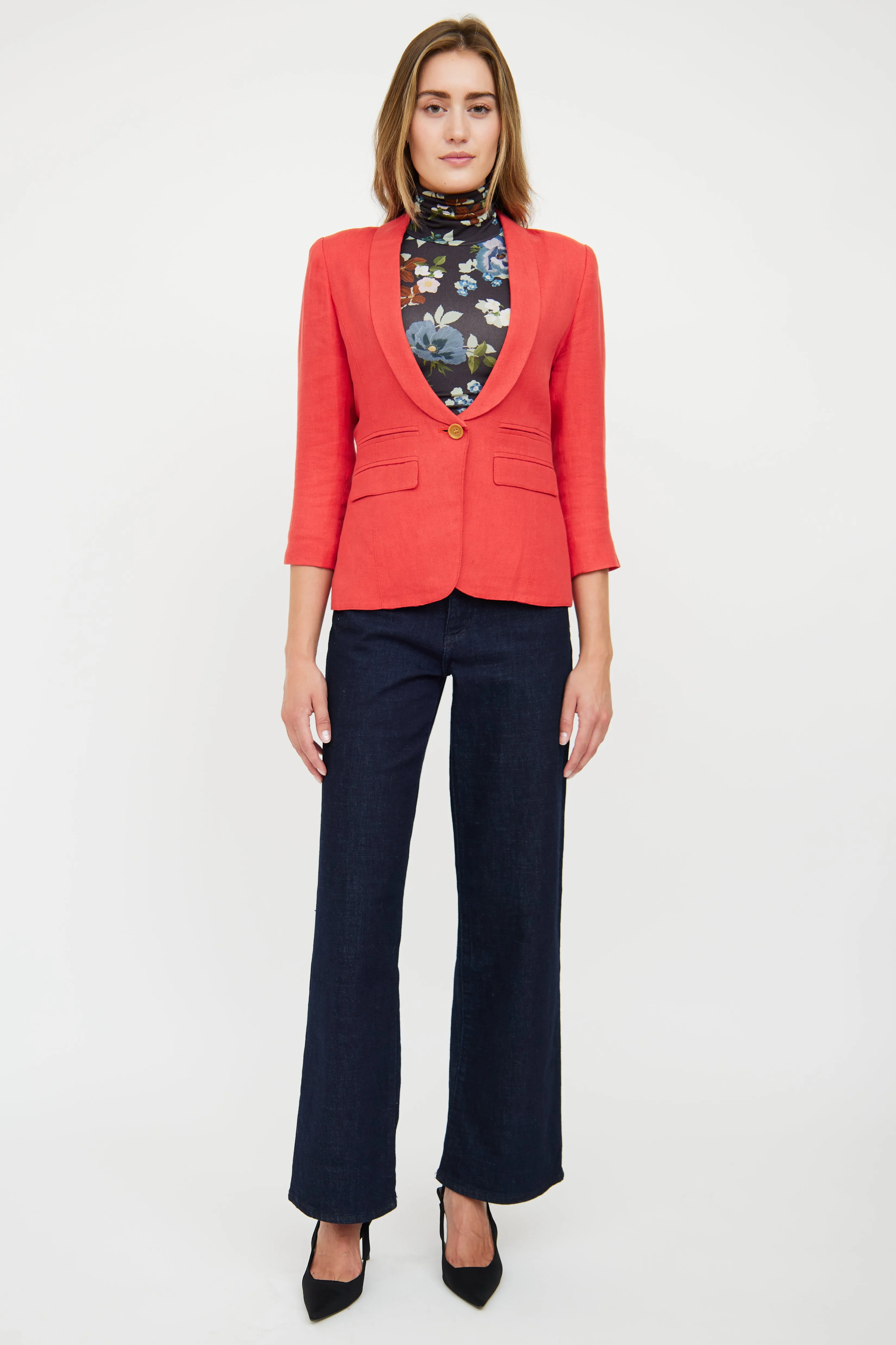 Red Linen 3/4 Sleeve Blazer