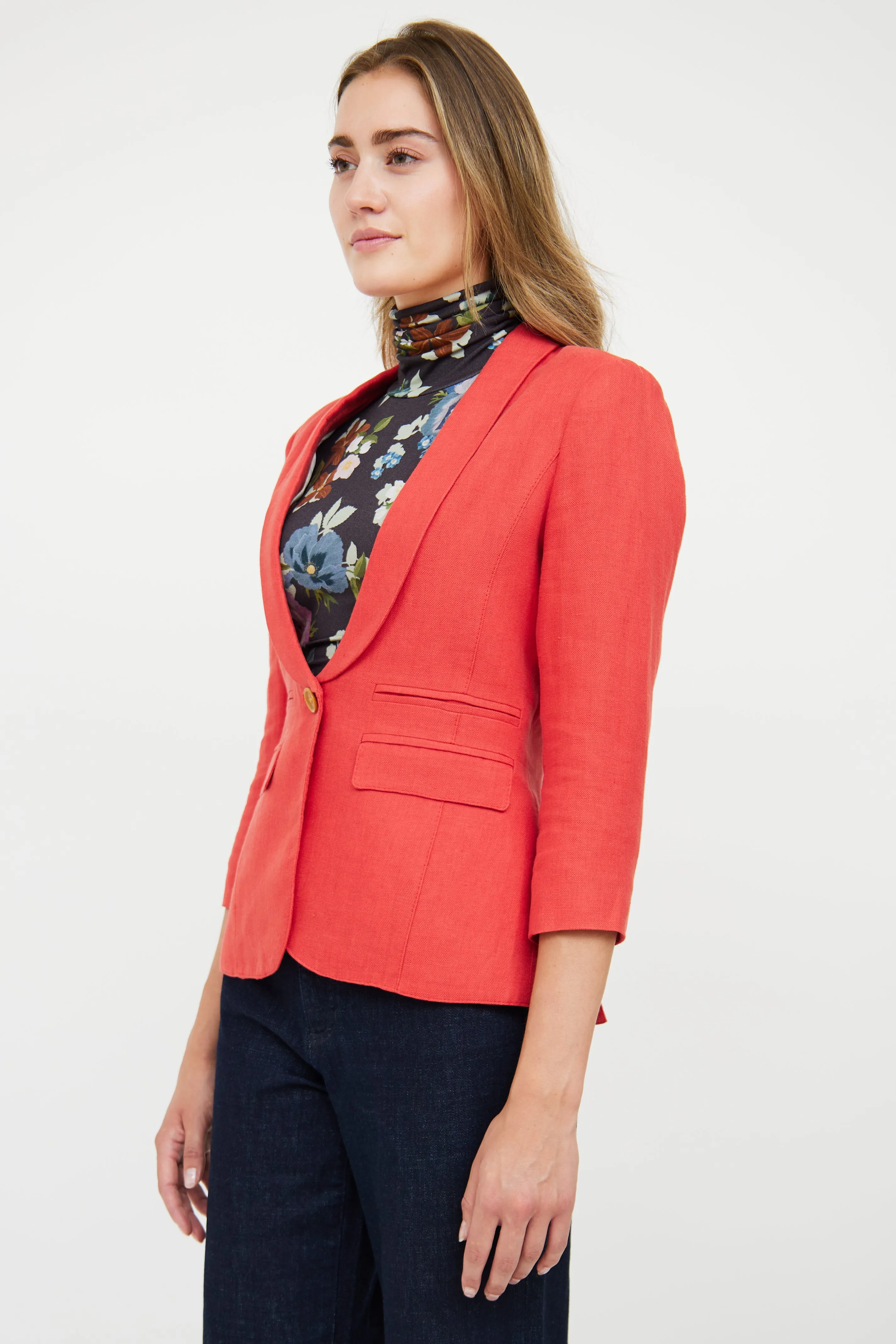 Red Linen 3/4 Sleeve Blazer