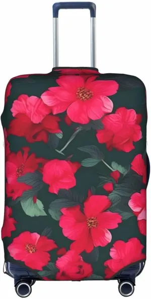 Red Pink Flower Print Practical Elastic Washable Travel Luggage Cover with Concealed Zipper for Suitcases