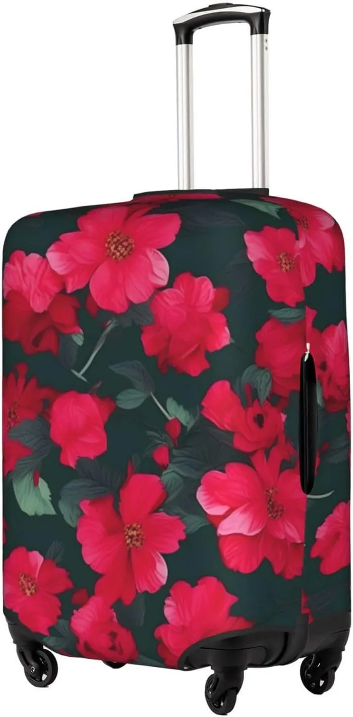 Red Pink Flower Print Practical Elastic Washable Travel Luggage Cover with Concealed Zipper for Suitcases