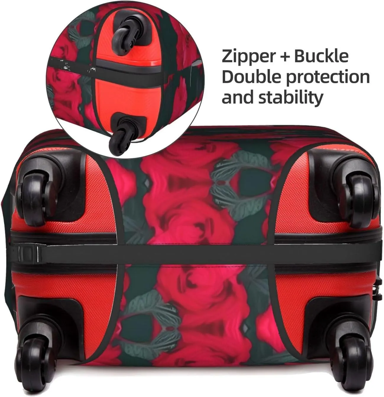 Red Pink Flower Print Practical Elastic Washable Travel Luggage Cover with Concealed Zipper for Suitcases