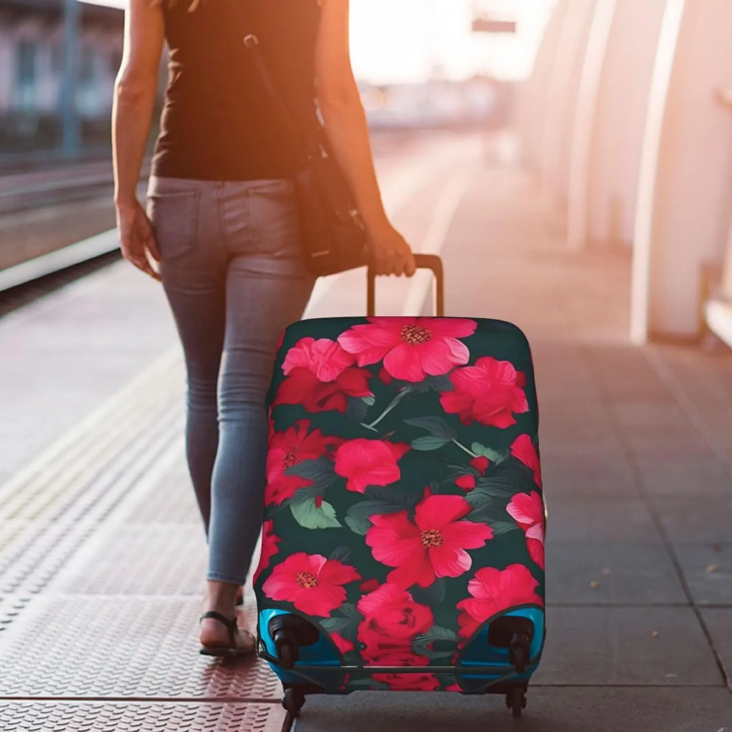 Red Pink Flower Print Practical Elastic Washable Travel Luggage Cover with Concealed Zipper for Suitcases