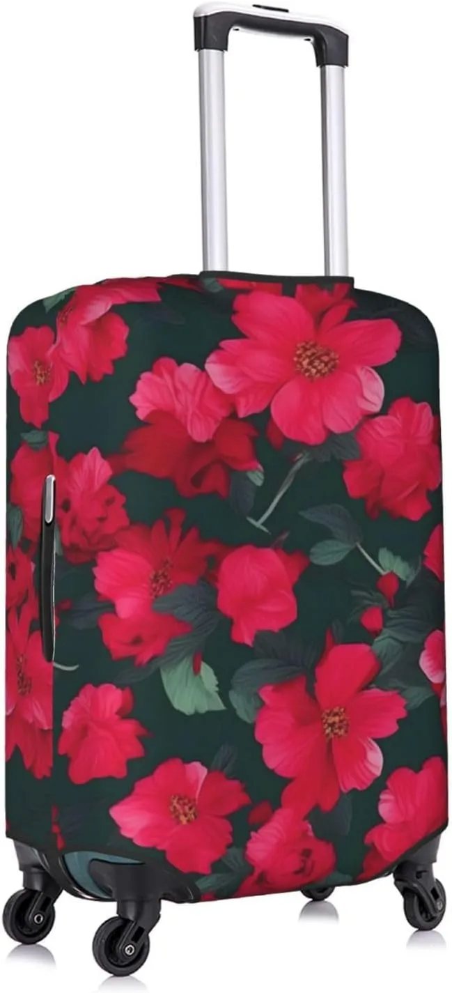 Red Pink Flower Print Practical Elastic Washable Travel Luggage Cover with Concealed Zipper for Suitcases