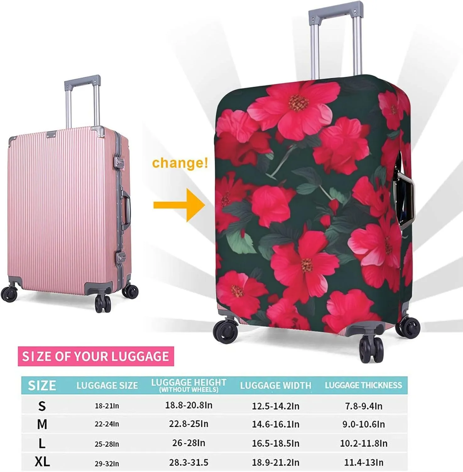Red Pink Flower Print Practical Elastic Washable Travel Luggage Cover with Concealed Zipper for Suitcases