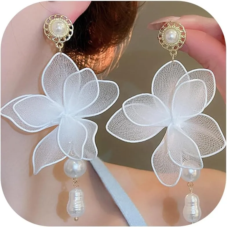 Red Rose Flower Earrings for Women Boho White Red Floral Petal Earrings Pearl Rhinestone Wedding Drop Dangle Earring for Bridesmaids Gifts