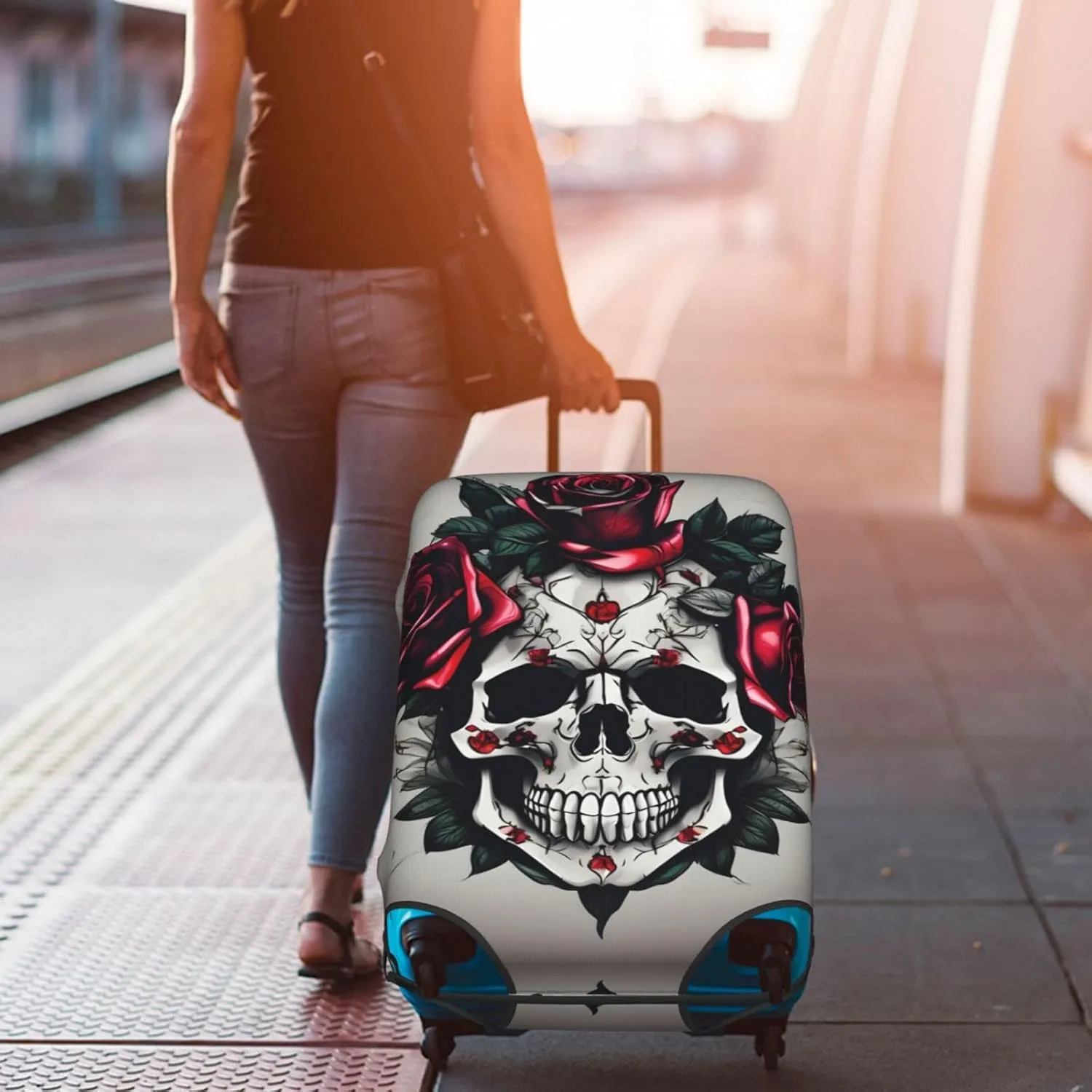 Red Rose Skull Print Practical Elastic Washable Travel Luggage Cover with Concealed Zipper for Suitcases