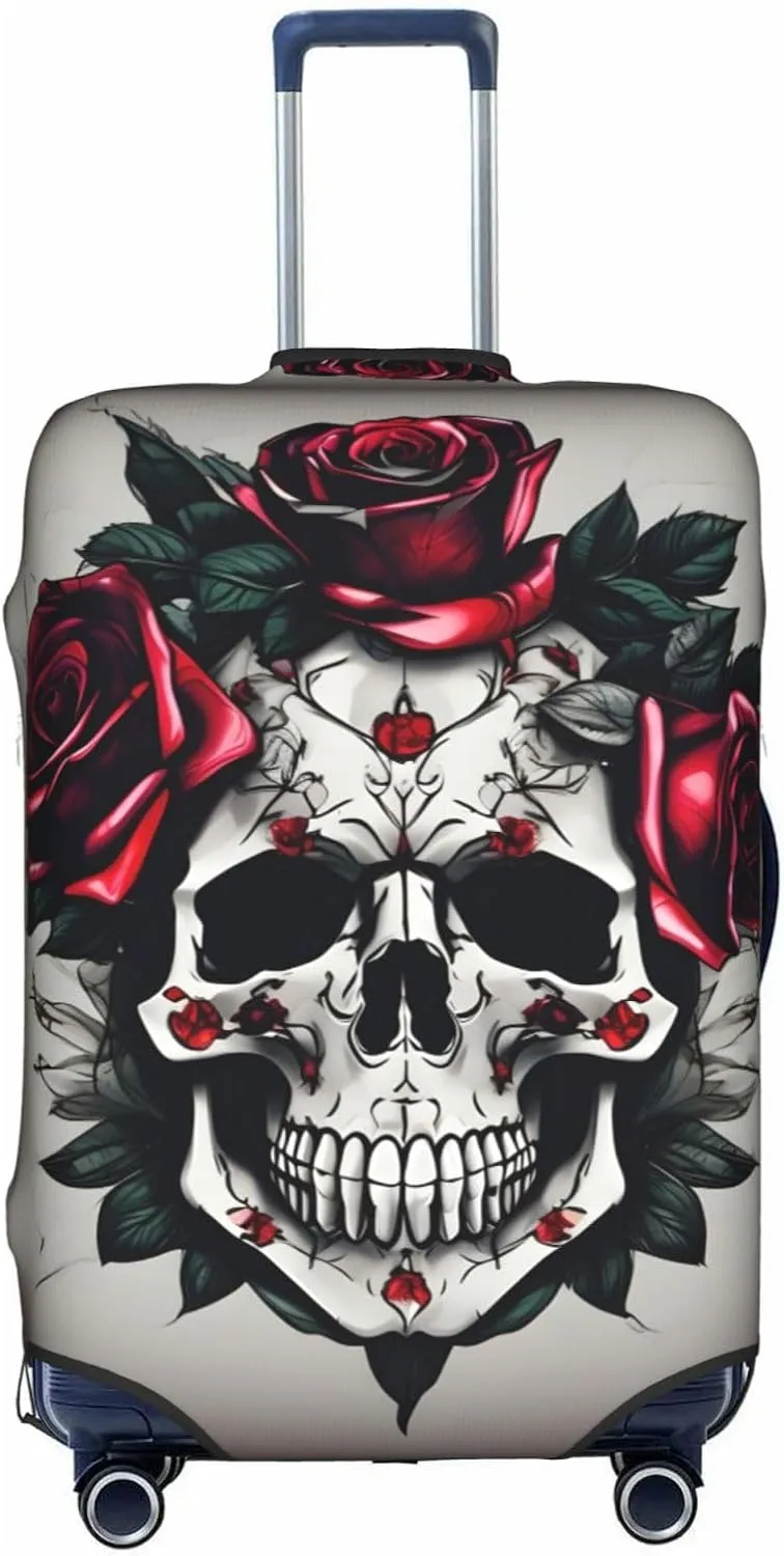 Red Rose Skull Print Practical Elastic Washable Travel Luggage Cover with Concealed Zipper for Suitcases