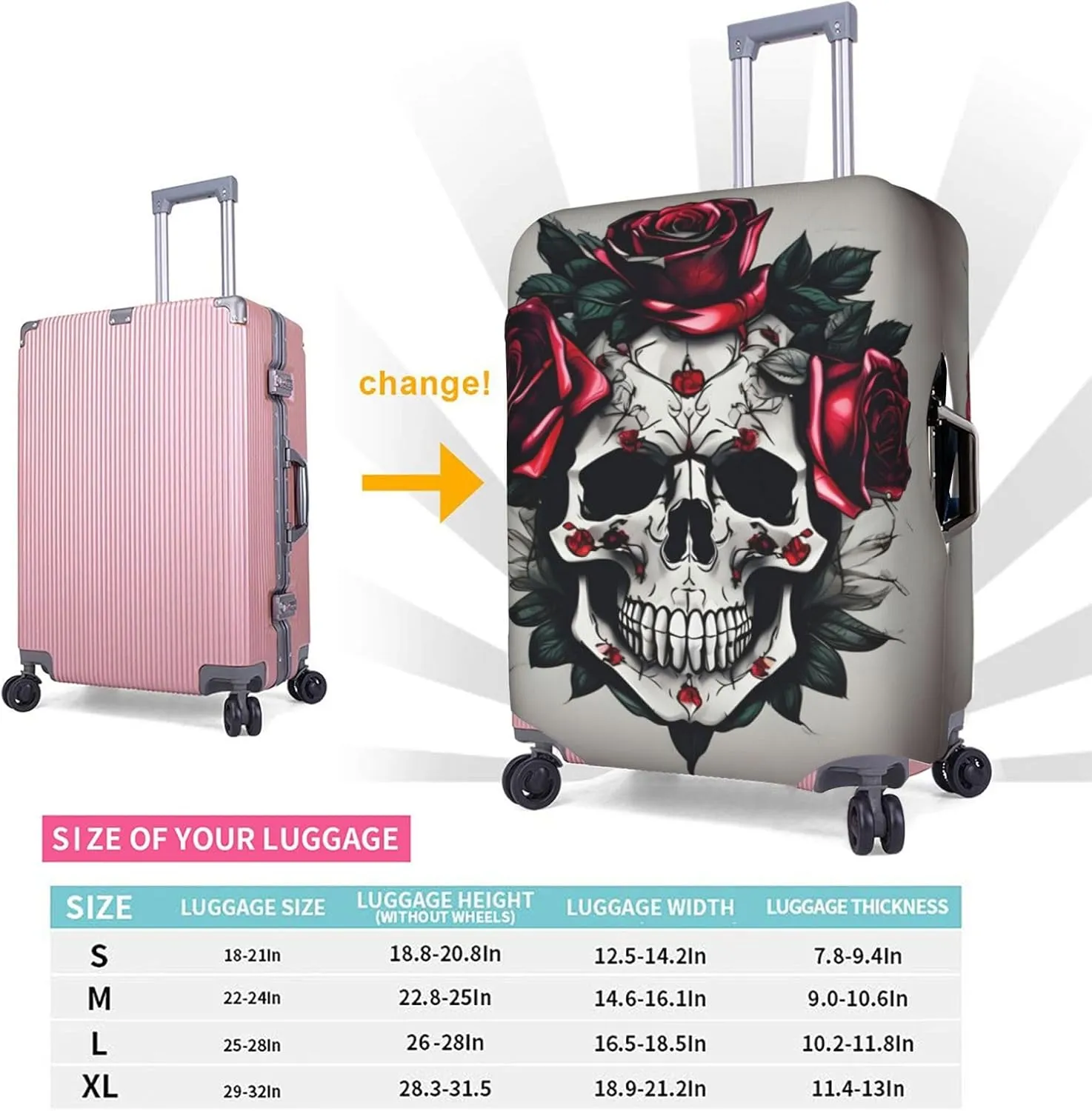 Red Rose Skull Print Practical Elastic Washable Travel Luggage Cover with Concealed Zipper for Suitcases