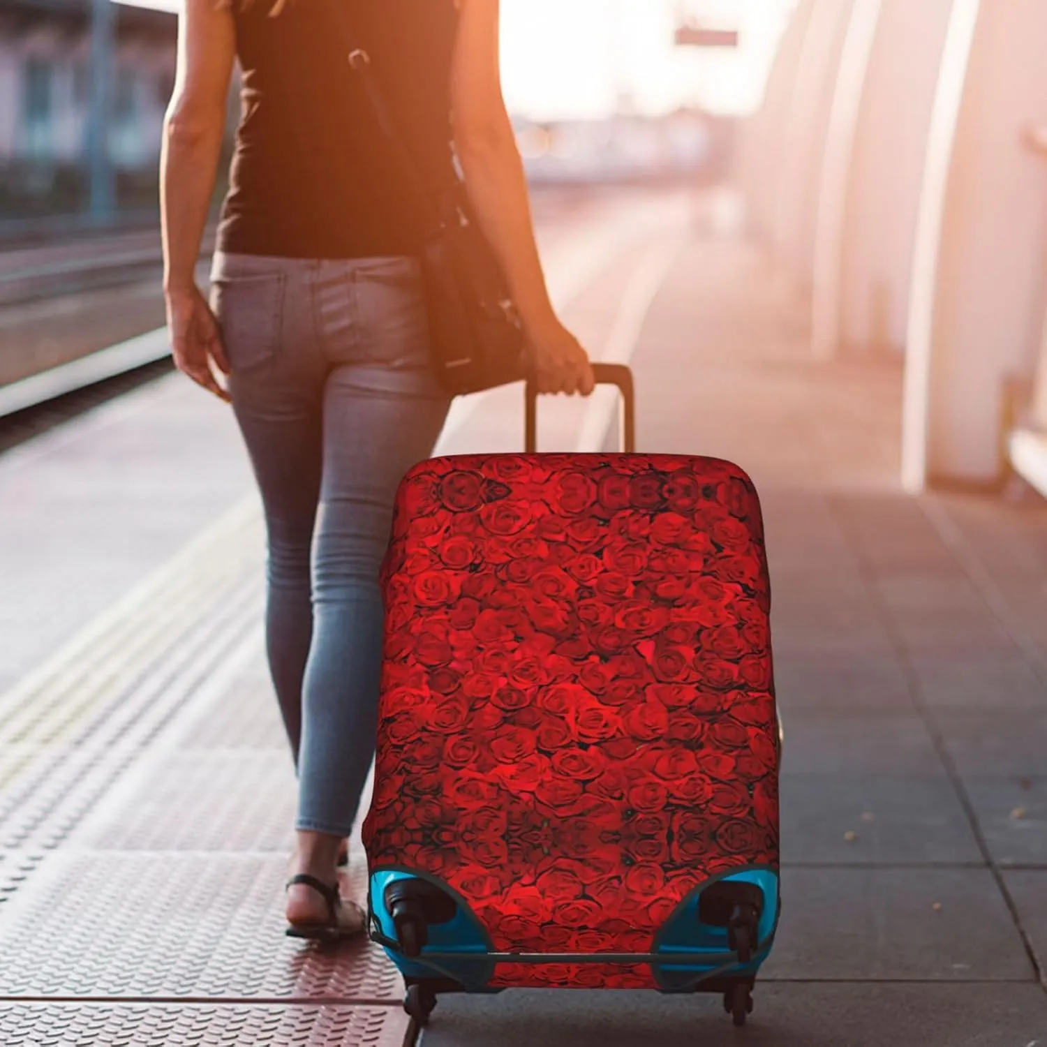 Red Rose1 Print Practical Elastic Washable Travel Luggage Cover with Concealed Zipper for Suitcases