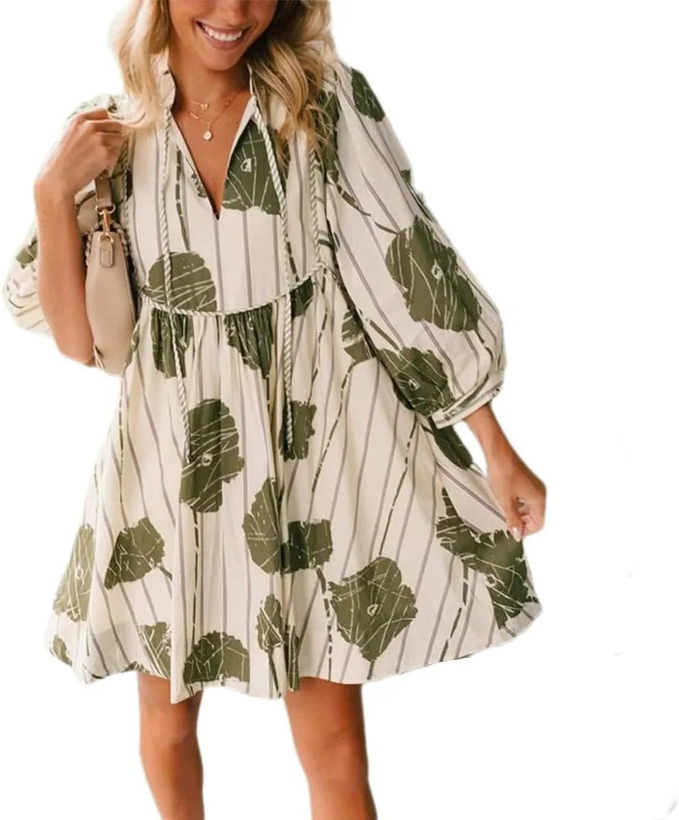 Ruffle Floral Babydoll Mini Dress Tie Hollow V-Neck Tunic Dresses for Women 2025 Boho Sundresses