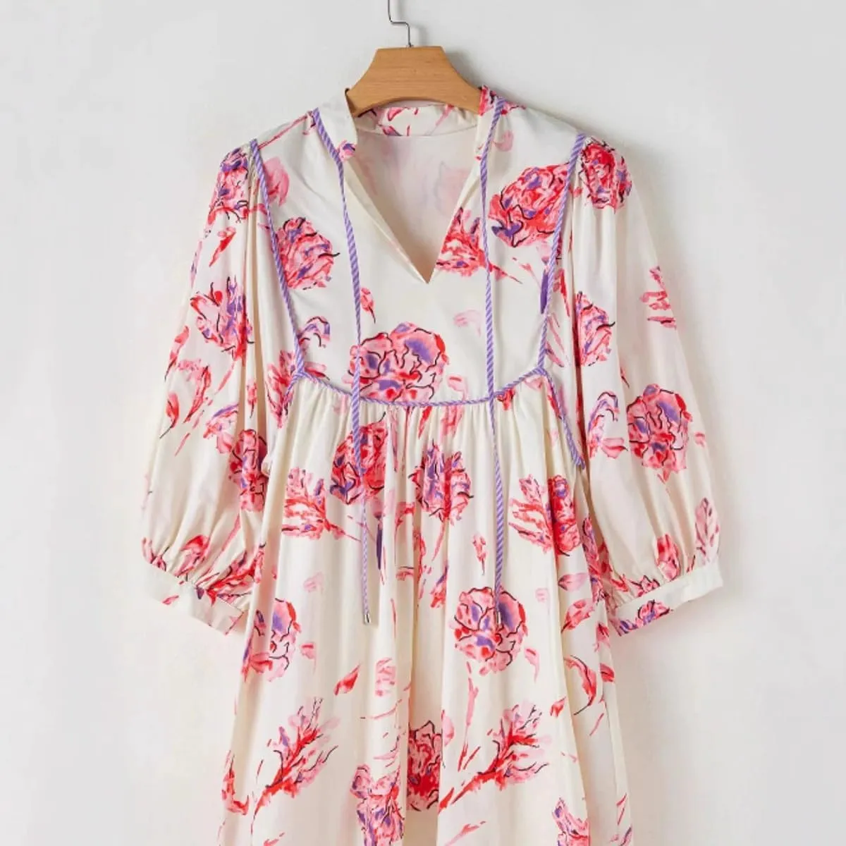 Ruffle Floral Babydoll Mini Dress Tie Hollow V-Neck Tunic Dresses for Women 2025 Boho Sundresses