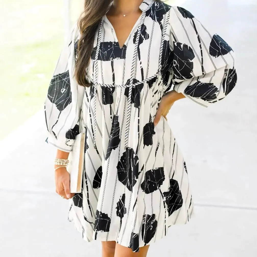 Ruffle Floral Babydoll Mini Dress Tie Hollow V-Neck Tunic Dresses for Women 2025 Boho Sundresses