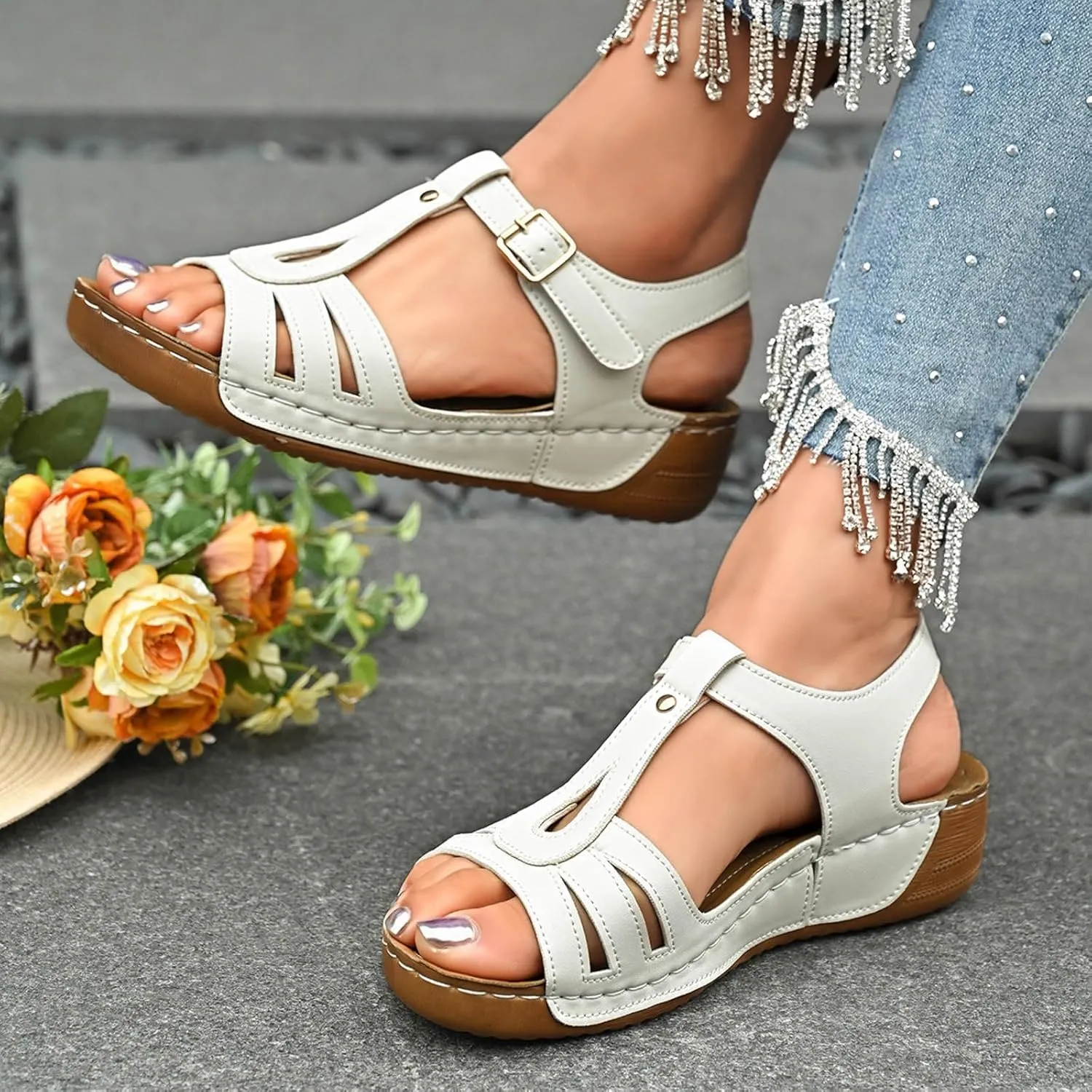 Sandals for Women 2025 Dressy Open Toe Wedge Sandal Round Toe Ankle Strap Arch Support Orthopedic Walking Shoes