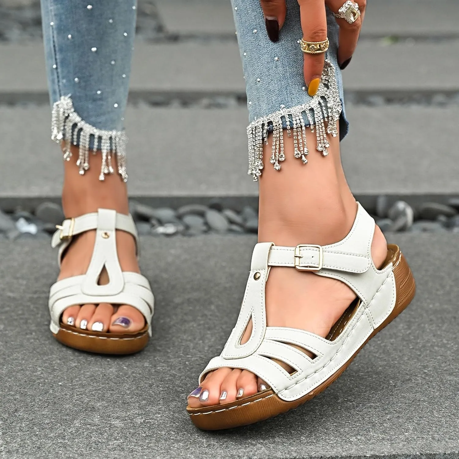 Sandals for Women 2025 Dressy Open Toe Wedge Sandal Round Toe Ankle Strap Arch Support Orthopedic Walking Shoes