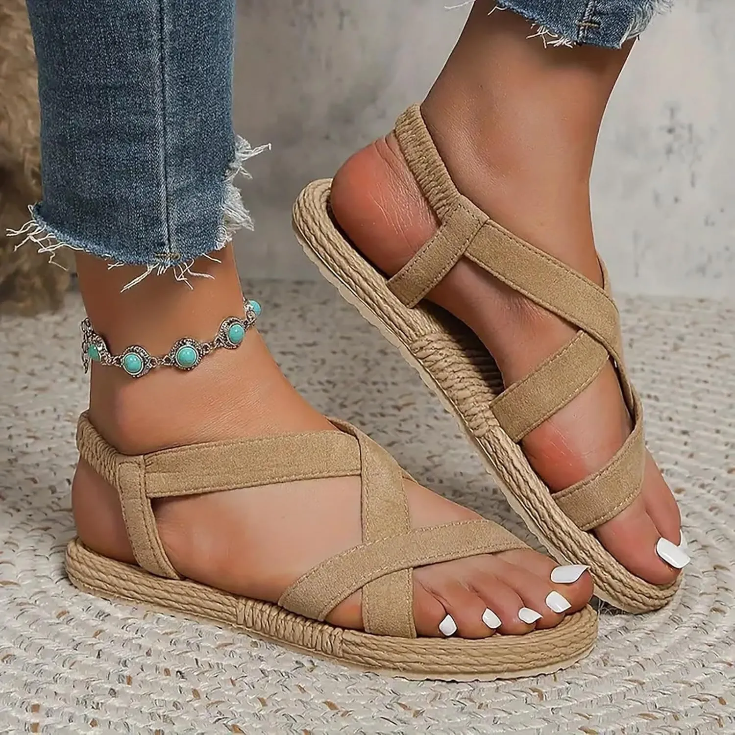 Sandals Women Thick Sole Orthopedic Womens Sandals Cross Bands Comfortable Summer Dressy Flats Platform Sandals