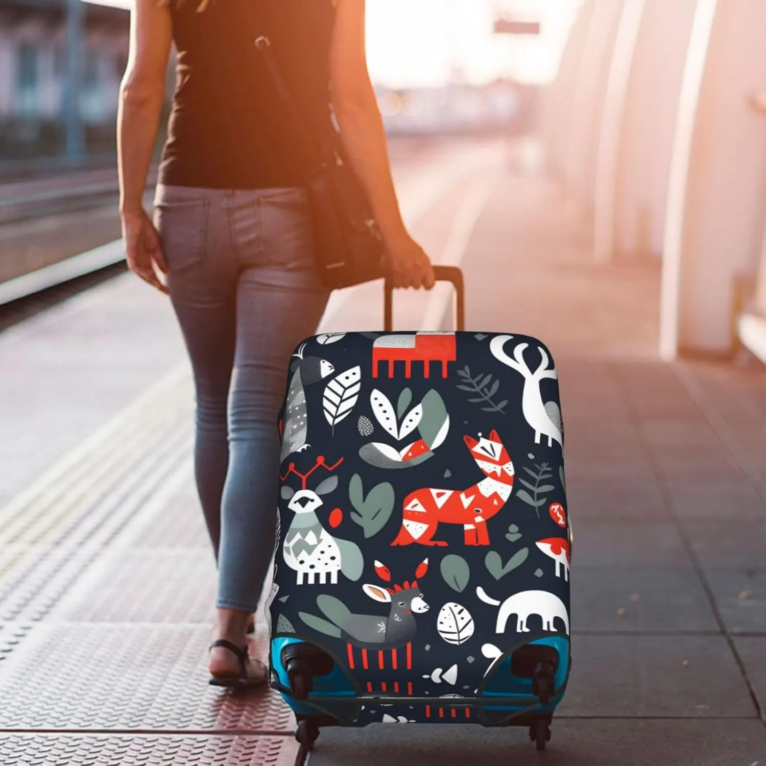 Scandinavian Animals Print Practical Elastic Washable Travel Luggage Cover with Concealed Zipper for Suitcases