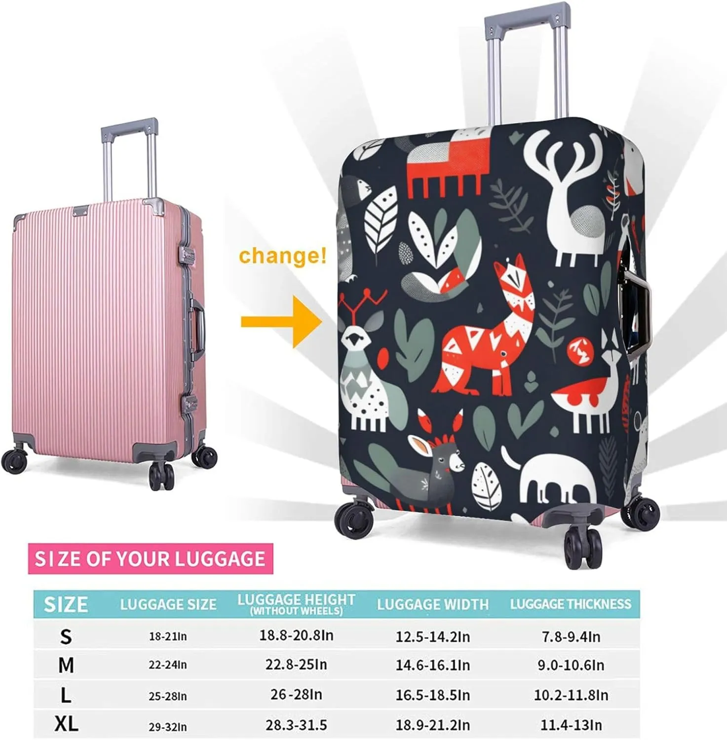 Scandinavian Animals Print Practical Elastic Washable Travel Luggage Cover with Concealed Zipper for Suitcases