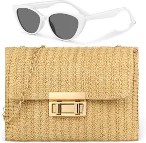 Set of 2 Straw Clutch Bag Summer Beach Crossbody Bag Vintage Boho Handbag Purse Retro Sunglass for Women Girls
