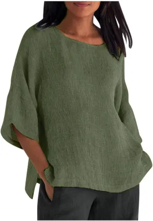 Shirts for Women Trendy Crew Neck 3/4 Sleeve Tops Casual Solid Loose Fitted Boho Shirts Beach Hawaiian Blouses Tops