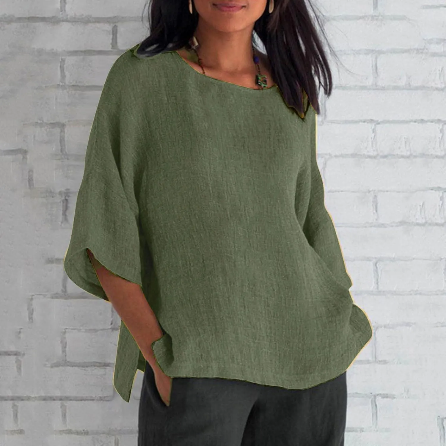 Shirts for Women Trendy Crew Neck 3/4 Sleeve Tops Casual Solid Loose Fitted Boho Shirts Beach Hawaiian Blouses Tops