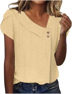 Shirts for Women Trendy Summer 2024 Petal Short Sleeve v Neck Petite Tops Cute Lace Eyelet Blouses Dressy Casual