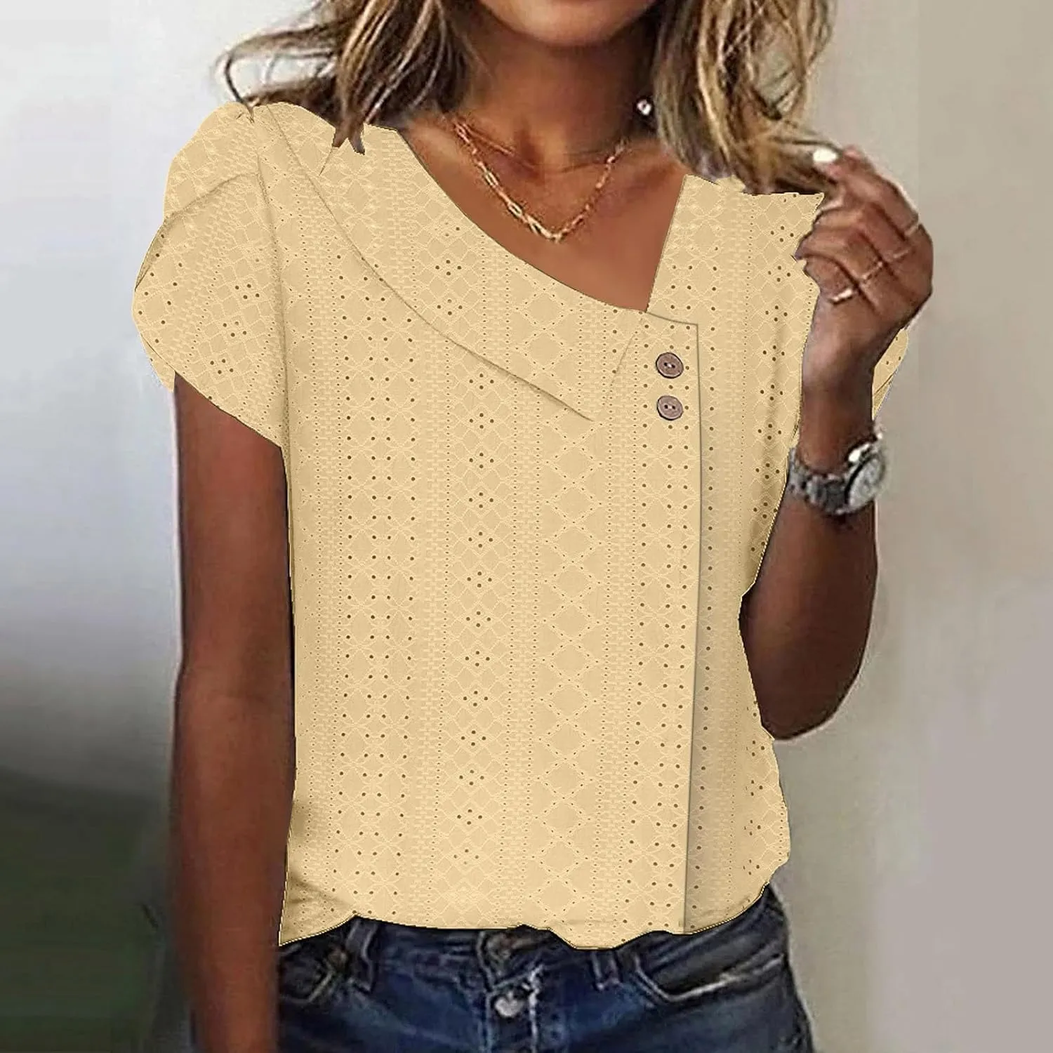 Shirts for Women Trendy Summer 2024 Petal Short Sleeve v Neck Petite Tops Cute Lace Eyelet Blouses Dressy Casual