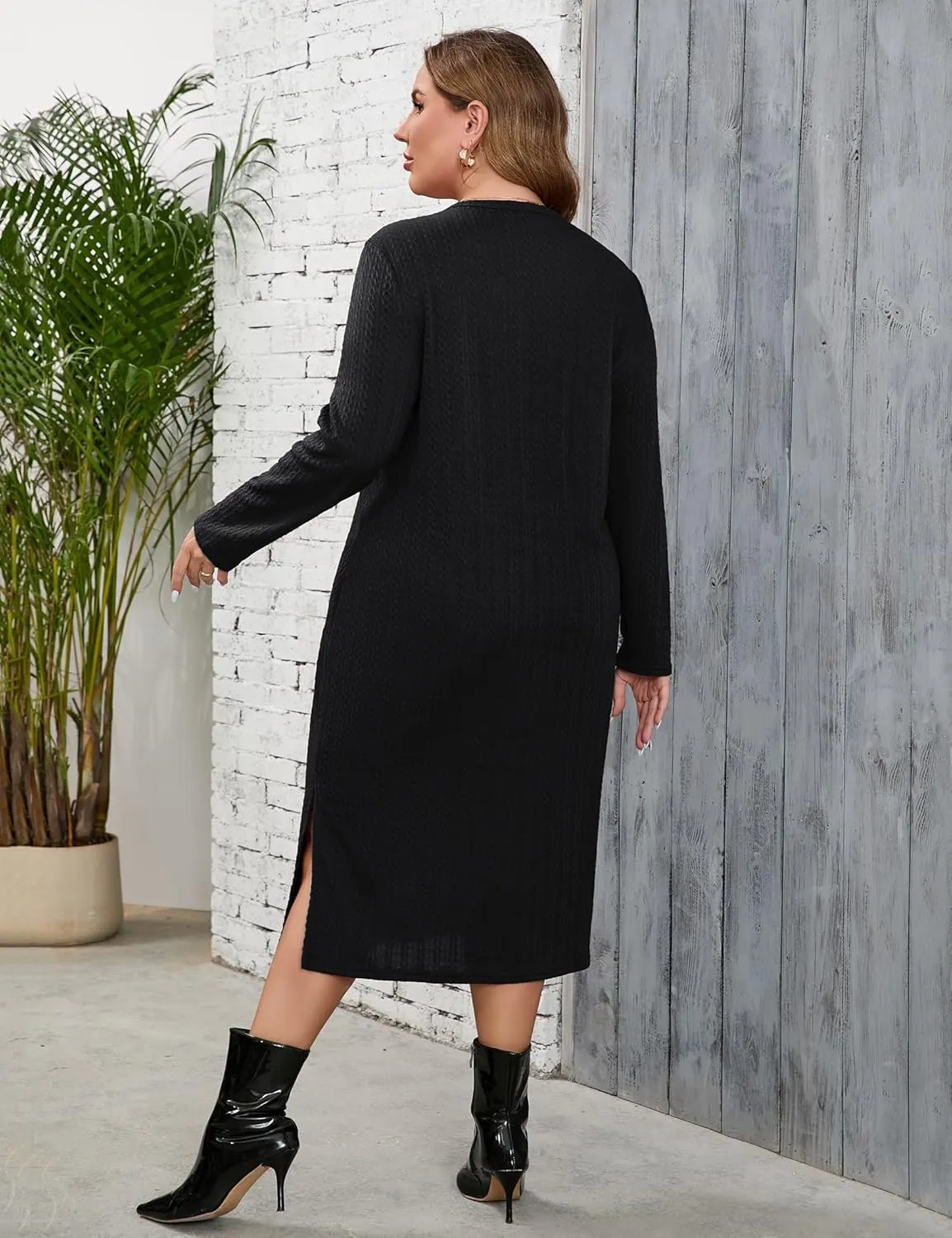 ShopWonder Plus Size Lightweight Knit Sweater Dress Long Sleeve Fall Outfits Fashion V Neck Slit Hem Casual Midi Dress