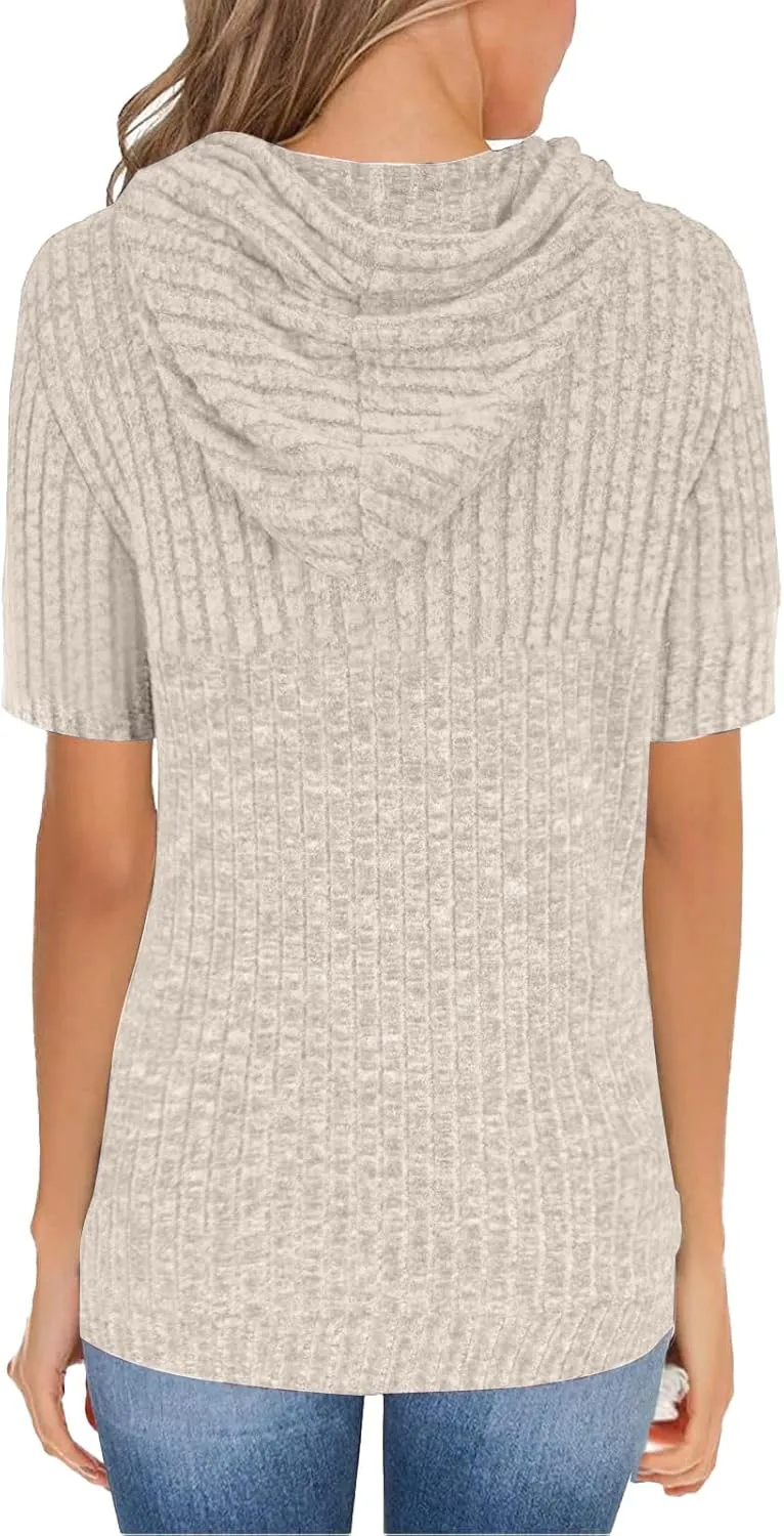 Short Sleeve Hoodies for Women Ribbed Knit Tops Casual T Shirts Oversized Sweatshirts Pullover with Kangaroo Pocket