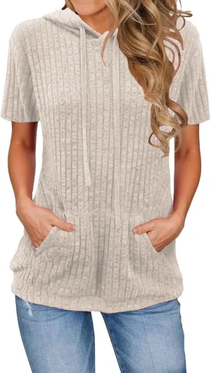 Short Sleeve Hoodies for Women Ribbed Knit Tops Casual T Shirts Oversized Sweatshirts Pullover with Kangaroo Pocket