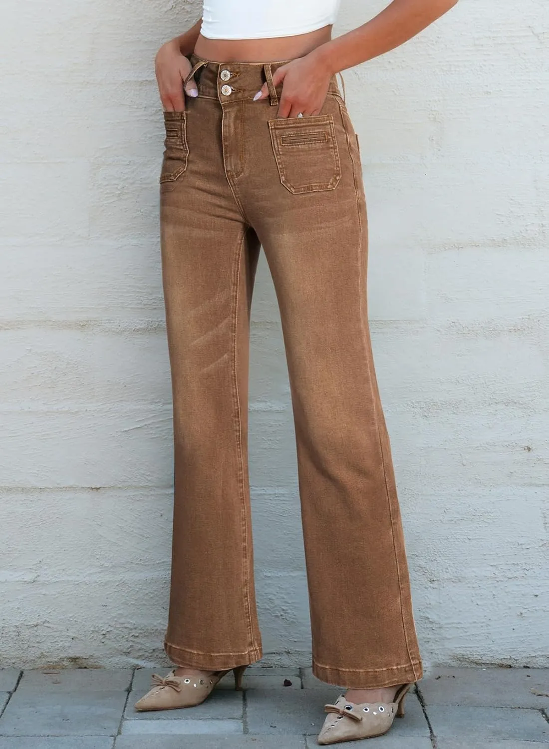 Sidefeel Women's Wide Leg Jeans High Waisted Tummy Control Stretchy Pockets Front Straight Leg Jeans