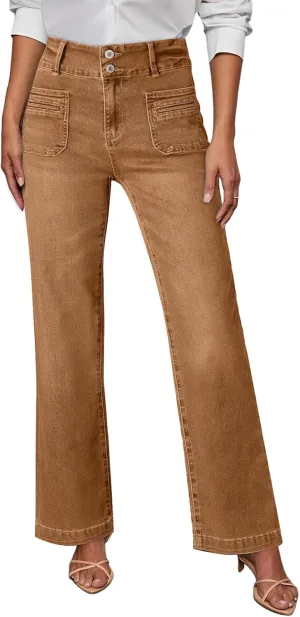 Sidefeel Women's Wide Leg Jeans High Waisted Tummy Control Stretchy Pockets Front Straight Leg Jeans