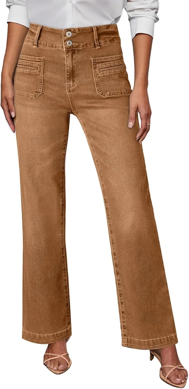 Sidefeel Women's Wide Leg Jeans High Waisted Tummy Control Stretchy Pockets Front Straight Leg Jeans